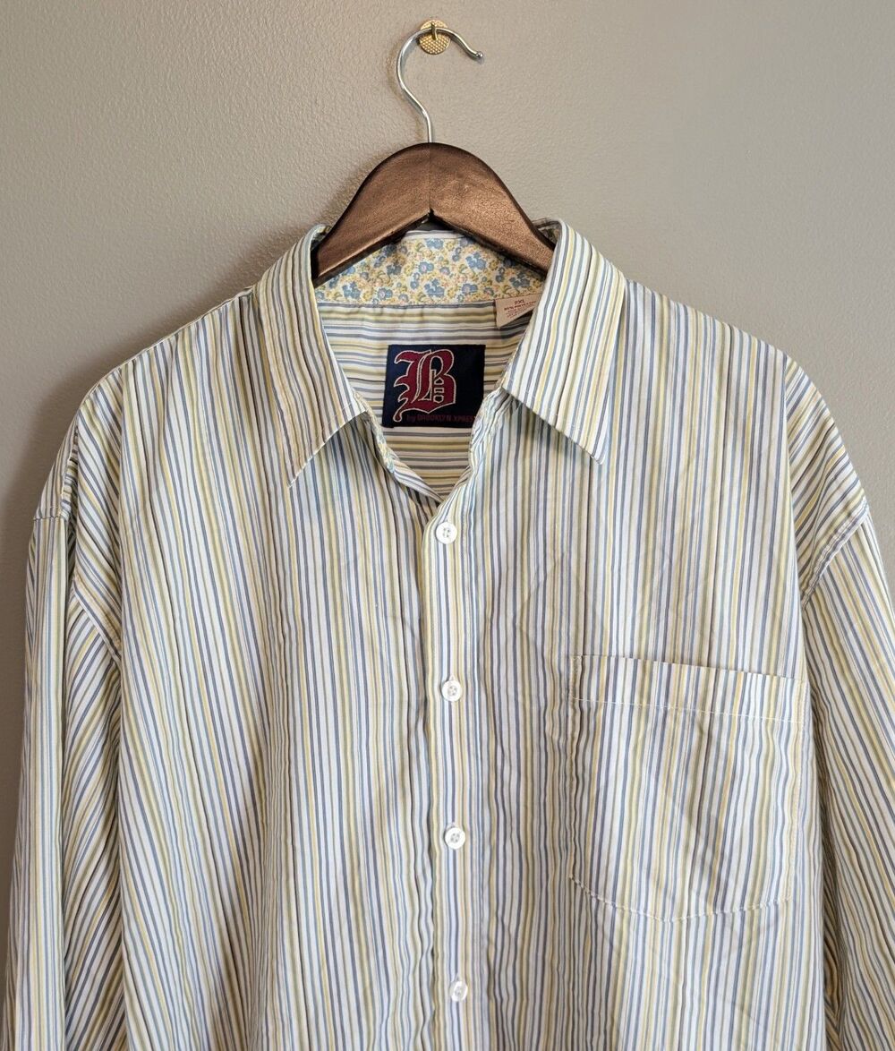 Brooklyn Xpress Mens 2XL XXL Yellow Green Striped Shirt Button Up Streetwear LS
